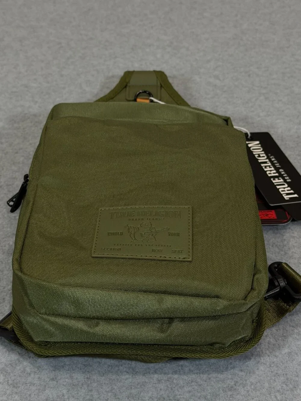 True Religion Unisex Olive Green Crossbody Sling Bag Pockets Adjustable NWT